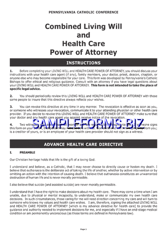 Pennsylvania Combined Living Will and Health Care Power of Attorney Form pdf free