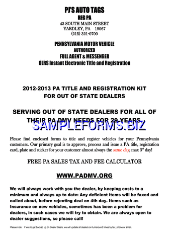 Pennsylvania Motor Vehicle Power of Attorney Form pdf free